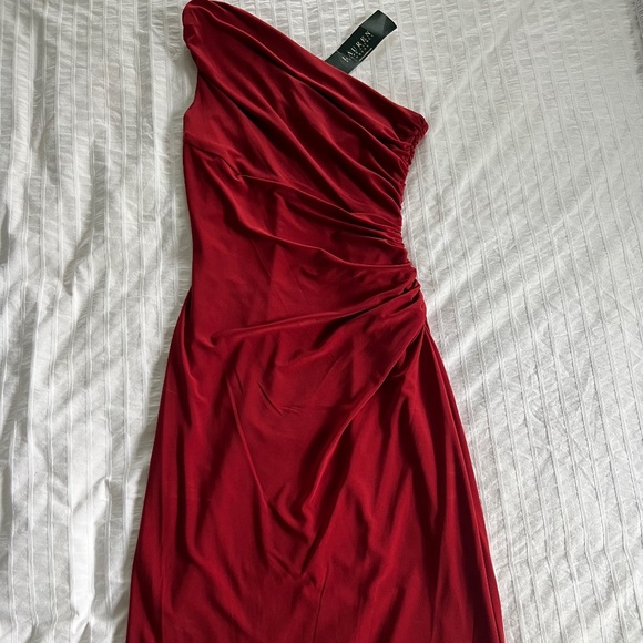 Ralph Lauren One Shoulder Ruched Waist Red Dress - Picture 7 of 7